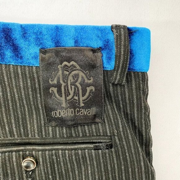 ROBERTO CAVALLI BLACK PINSTRIPES BLUE VELVET WAISTBAND DRESS PANTS - 31 - Picture 10 of 10